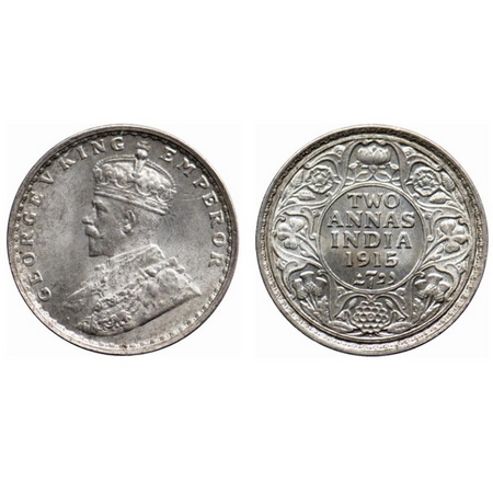 George V, Silver, 2 Annas, 1915, Bombay Mint, Dot, Ghost on Obv and Rev. GK 1115. Brillian