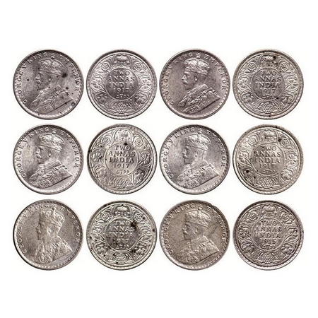 George V, Silver, 2 Annas (6 Coins), 1917, Calcutta Mint, No dot. GK 1117. Uncirculated. S