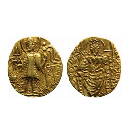 Later Kushanas, Vasudeva II (c. 250-260 AD), Gold Dinar, 7.78g, Obv: King standing left, h