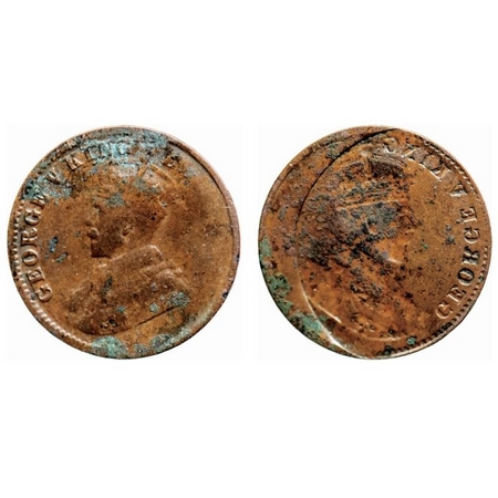 George V, Bronze, Quarter Anna, Obverse lakhi, Shifted with verdigirs on both sides. Very 