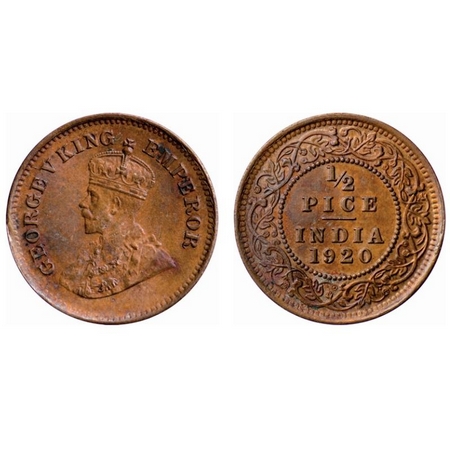 George V, Bronze, 1/2 Pice, 1920, Calcutta Mint, No mint mark. GK 1206. Rainbow Toned, Unc
