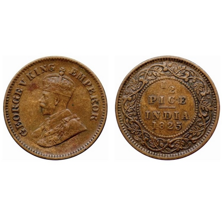 George V, Bronze, 1/2 Pice, 1925, Calcutta Mint, No mint mark. GK 1211. Extremely Fine. Sc