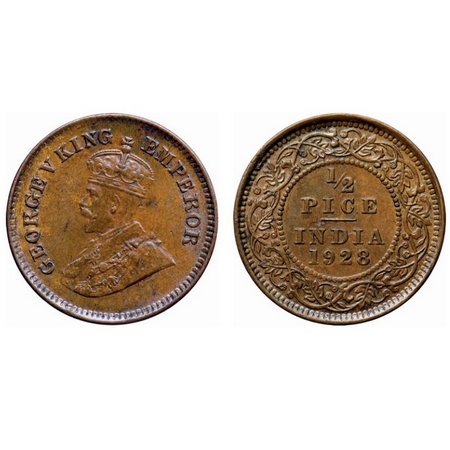 George V, Bronze, 1/2 Pice, 1928, Calcutta Mint, Ghost on Reverse, Letter 'P' & 'E' of Pic