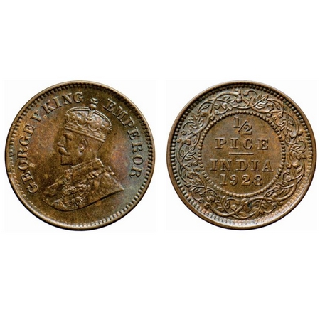 George V, Bronze, 1/2 Pice, 1928, Calcutta Mint, No mint mark. GK 1214. Uncirculated. Scar