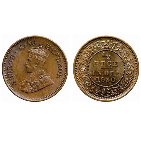 George V, Bronze, 1/2 Pice, 1930, Calcutta Mint, No mint mark. GK 1216. Uncirculated. Scar