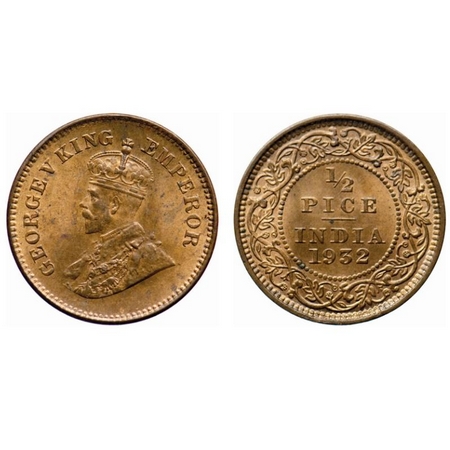 George V, Bronze, 1/2 Pice, 1932, Calcutta Mint, No mint mark. GK 1218. Uncirculated. Scar