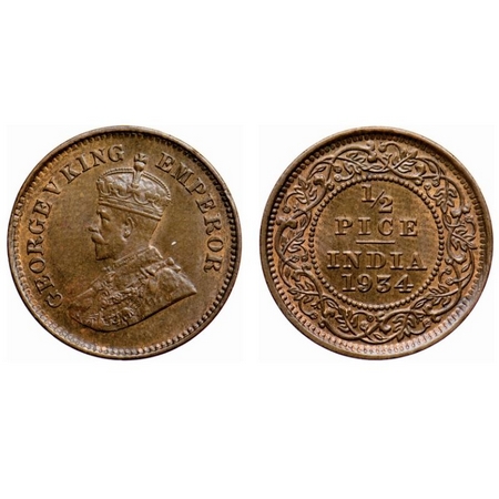 George V, Bronze, 1/2 Pice, 1934, Calcutta Mint, No mint mark. GK 1220. Uncirculated. Scar