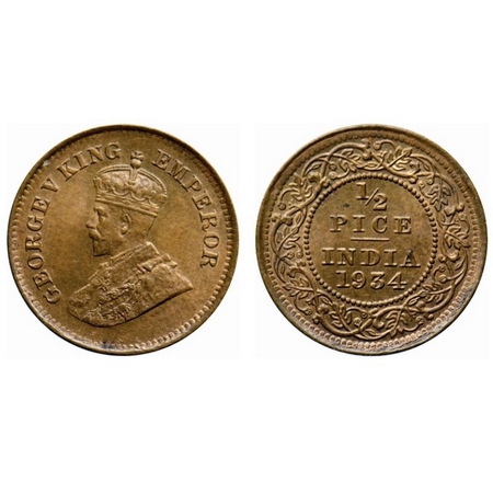 George V, Bronze, 1/2 Pice, 1934, Calcutta Mint, No mint mark. GK 1220. Brilliant Uncircul