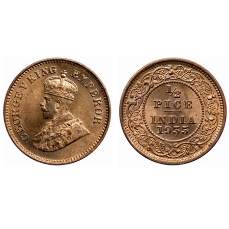 George V, Bronze, 1/2 Pice, 1935, Calcutta Mint, No mint mark, Die crack on Obverse. GK 12