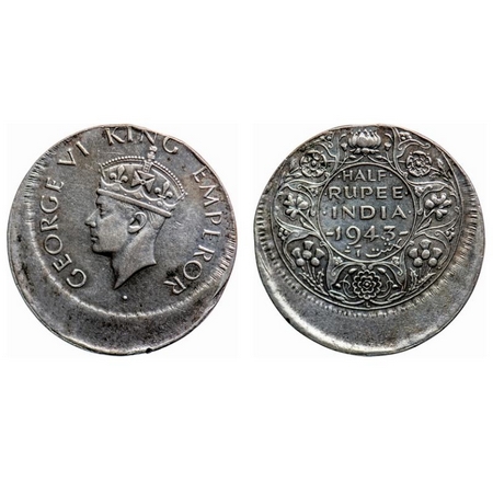 George VI, Half Silver, 1/2 Rupee, 1943, Lahore Mint, Head Type II, B/II, 'L' raised, 25%
