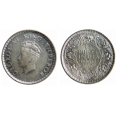 George VI, Silver, Quarter Rupee, 1939, Bombay Mint, Head Type I, Dot, Milled edge, Tiny D