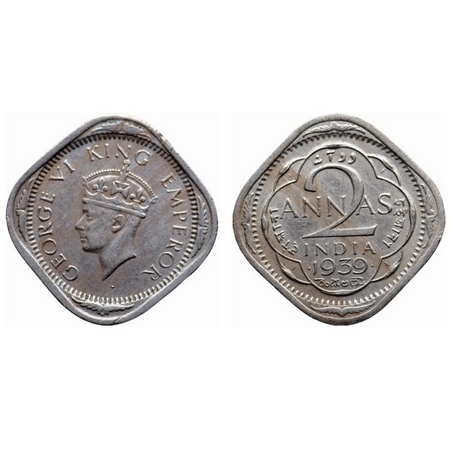 George VI, Copper-Nickel, 2 Annas, 1939, Bombay Mint, II Head, Dots by year. GK 1349. Extr