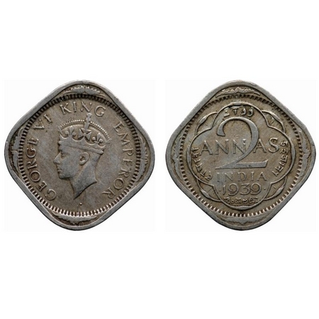 George VI, Copper-Nickel, 2 Annas, 1939, Bombay Mint, Head Type II, Dots by year. GK 1349.