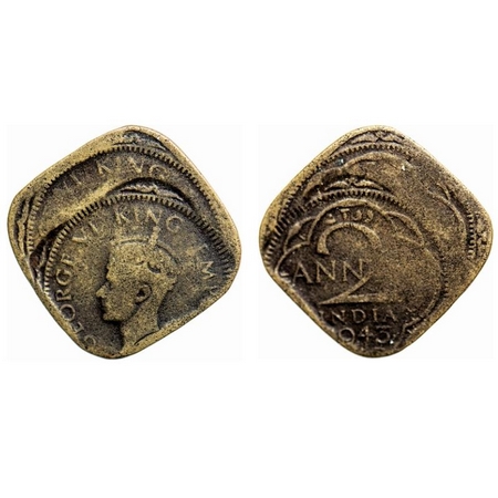 Georege VI, Brass-Nickel, 2 Annas, 1943, Bombay Mint, Head Type II, Dots by year, Double s