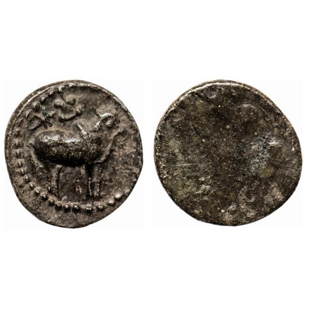 Pallavas of Kanchi, Potin Unit, 3.17gm, Obv: Bull standing to right above star and srivats