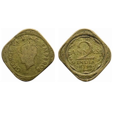 George VI, Brass-Nickel, 2 Annas, 1944, Bombay Mint, Head Type II, Dots by year, Eleptical