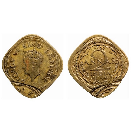George VI, Brass-Nickel, 2 Annas, 1944, Bombay Mint, Head Type II, Dots by year, Double st