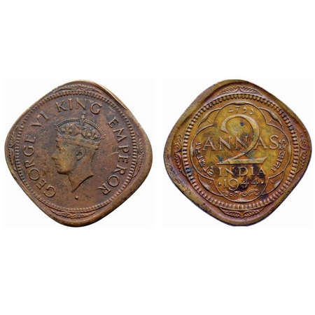 George VI, Brass-Nickel, 2 Annas, 1944, Bombay Mint, Head Type II, Dots by year, 10% Die s