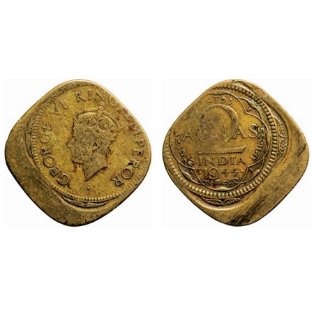 Georege VI, Brass-Nickel, 2 Annas, 1944, Bombay Mint, Head Type II, Dots by year, 25% off 