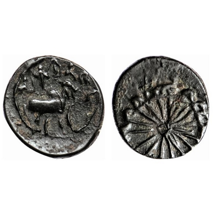 Pallavas of Kanchi, Potin Unit, 1.35gm, Obv: Bull walking to right above crude Brahmi lege
