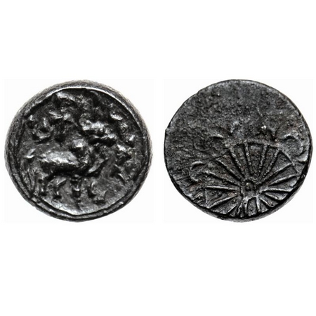 Pallavas of Kanchi, Potin Unit, 3.70gm, Obv: Bull walking to right above crude Brahmi lege