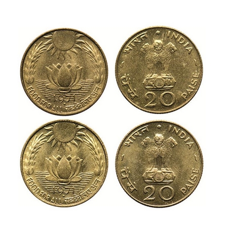 1971, Unc, Brass, 4.65 gms, (2 Coins), 20 Paise, Food For All. Bombay mint. Uncirculated, 