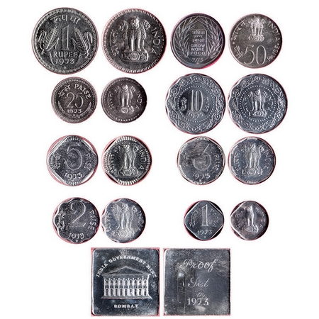 1973, Proof coins (loose set of 8 coins and mint Token). Bombay Mint, 1 Paise, 2 Paise, 3 