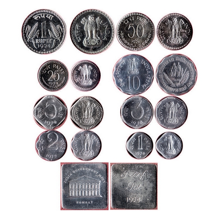 1974, Proof coins (loose set of 8 coins and mint Token). Bombay Mint, 1 Paise, 2 Paise, 3 