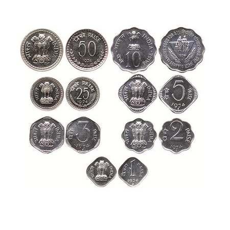 1974, Proof coins (loose set of 7 coins). Bombay Mint, 1 Paise, 2 Paise, 3 Paise & 5 Paise
