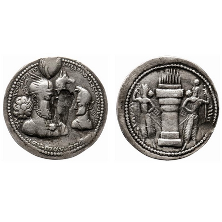 Sassanian Kingdom, Varhran (Bahram ) II, Silver Drachma, 4.17gm, Obv: Busts of Varhran II