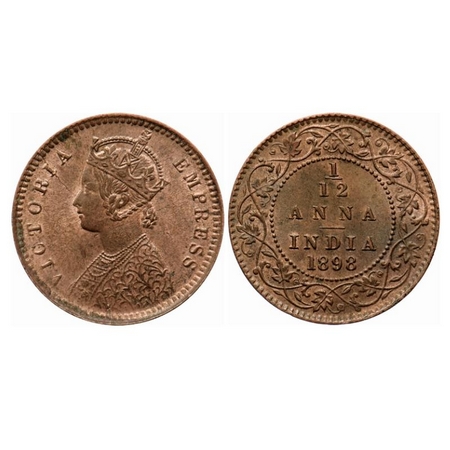 Victoria Empress, Copper 1/12 Anna, 1898, Calcutta Mint, Obv B, No mint mark, Die crack on