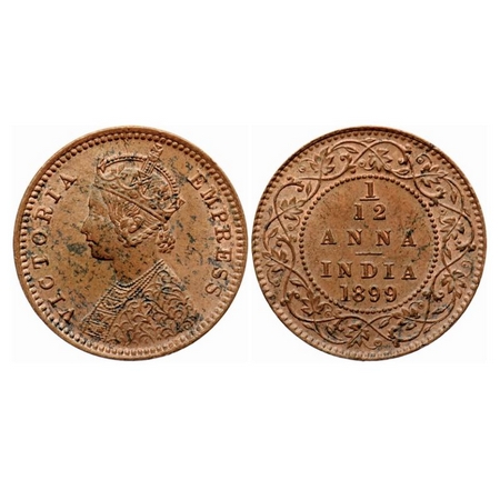Victoria Empress, Copper 1/12 Anna, 1899, Calcutta Mint, Obv B, No mint mark, Die crack on