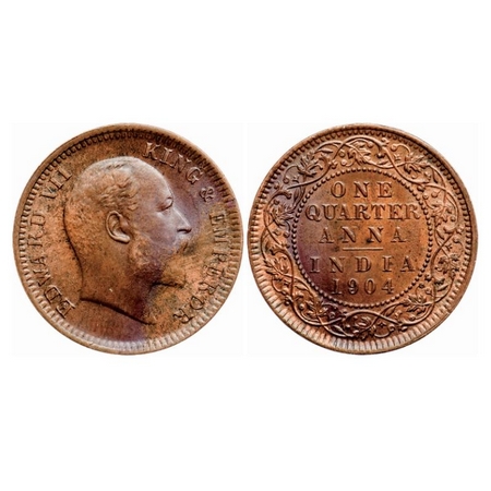 Edward VII, Copper Quarter Anna, 1904, Calcutta Mint, No mint mark. GK 995. Extremely Fine