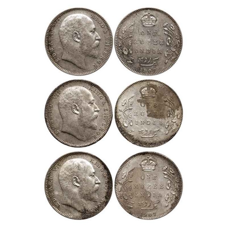 Edward VII, Silver Rupee (3 Coins), 1907, Bombay Mint, 'B' incused, Dot (2 Coins), No 'B',