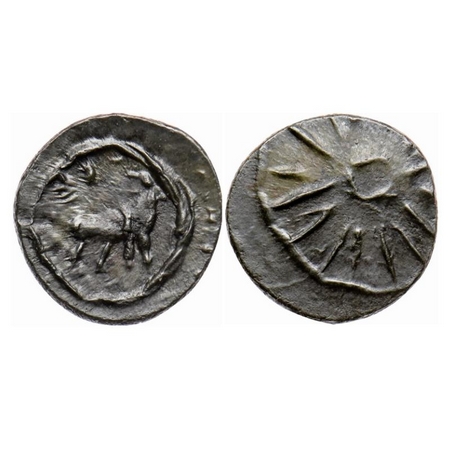 Pallavas of Kanchi, Bronze Unit, 0.79gm 12.24mm, Obv: Bull walking to right, srivatsa andf