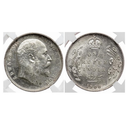 Edward VII, Silver Rupee, 1908, Calcutta Mint, No mint mark. GK 946. NGC Slabbed MS 61. Ra