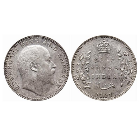 Edward VII, Silver 1/2 Rupee, 1907, Bombay Mint, 'B' incused, Dot. GK 965. About Uncircula