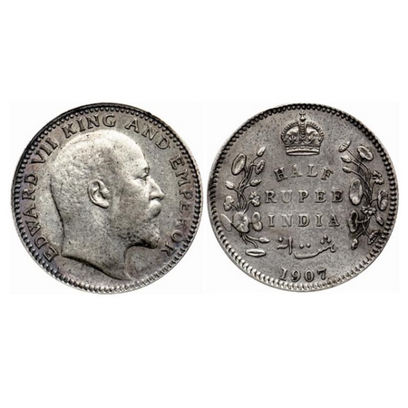 Edward VII, Silver 1/2 Rupee, 1907, Calcutta Mint, No mint mark. GK 967. Extremely Fine+. 