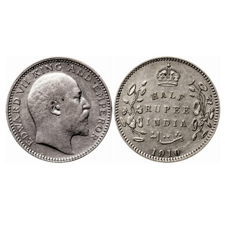 Edward VII, Silver 1/2 Rupee, 1910, Calcutta mint, No mint mark. GK 971. Extremely Fine. S