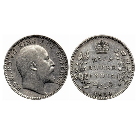 Edward VII, Silver 1/2 Rupee, 1910, Calcutta mint, No mint mark. GK 971. Very Fine+. Scarc
