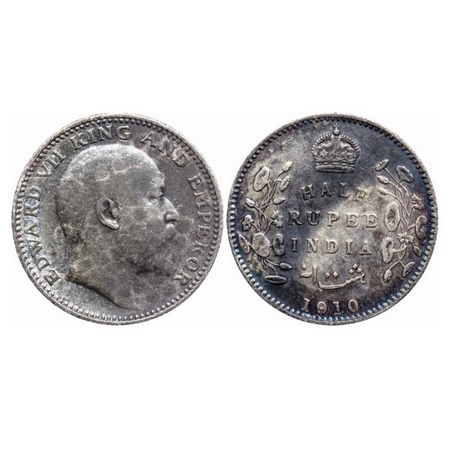 Edward VII, Silver 1/2 Rupee, 1910, Calcutta Mint, No mint mark. GK 971. Rainbow Toned, Ex