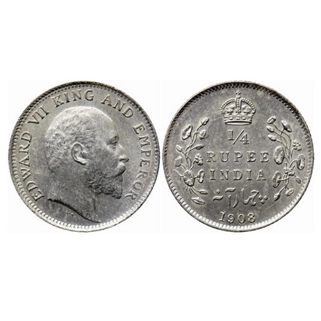 Edward VII, Silver Quarter Rupee, 1908, Calcutta Mint, No mint mark. GK 977. Uncirculated.