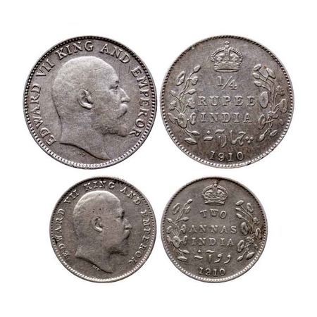 Edward VII, Silver Quarter Rupee & 2 Annas (2 Coins), 1910, Bombay Mint, Dot. GK 979, 988.
