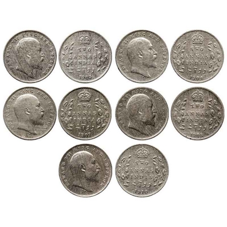 Edward VII, Silver 2 Annas (5 Coins), Calcutta Mint, 1903, 1904, 1907, 1908, 1910, No mint