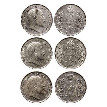 Edward VII, Silver 2 Annas (3 Coins), Calcutta Mint, No mint mark, 1904, Die crack on Rev,