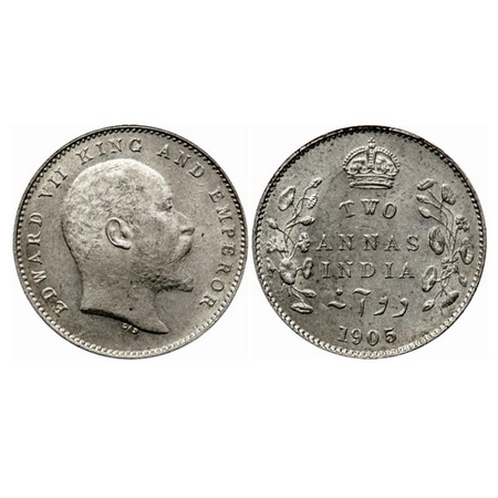 Edward VII, Silver 2 Anna, 1905, Calcutta Mint, No mint mark, Ghost on Rev. GK 982. Uncirc