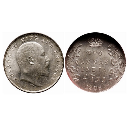 Edward VII, Silver 2 Annas, 1906, Calcutta Mint, No mint mark. GK 983. MS 63+, NGS Slabbed