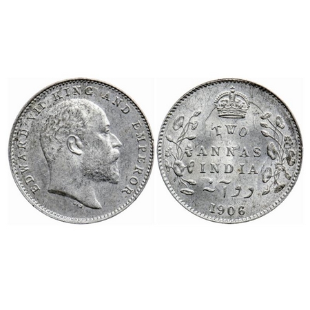 Edward VII, Silver 2 Annas, 1906, Calcutta Mint, No mint mark. GK 983. Uncirculated. Rare.