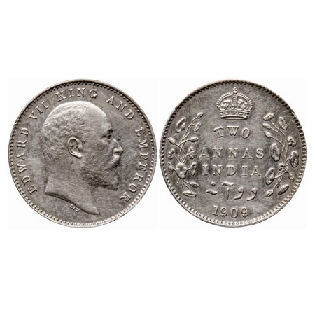 Edward VII, Silver 2 Annas, 1909, Calcutta Mint, No mint mark, Ghost on Obv & Rev, Die cra