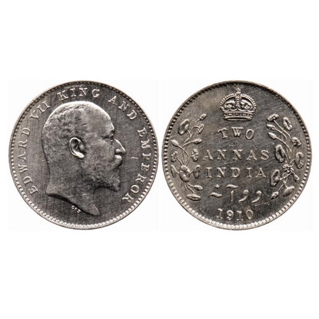 Edward VII, Silver 2 Annas, 1910, Calcutta Mint, No mint mark. GK 987. About Uncirculated.